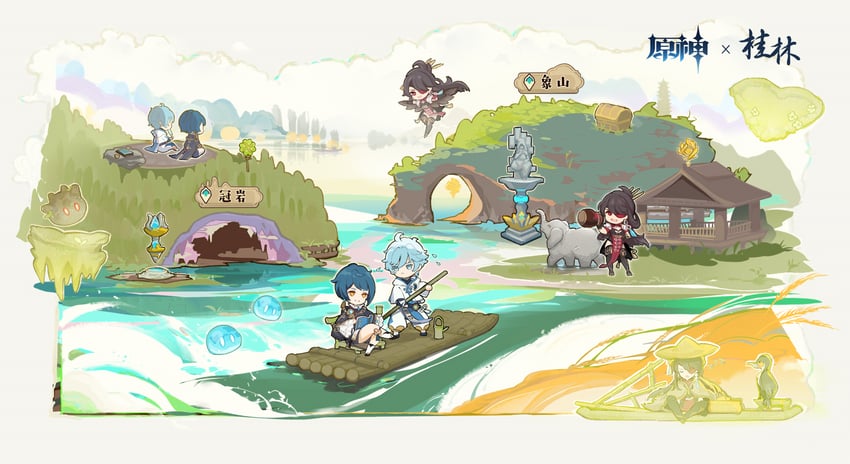 slime, beidou, xingqiu, chongyun, and statue of the seven (genshin impact)