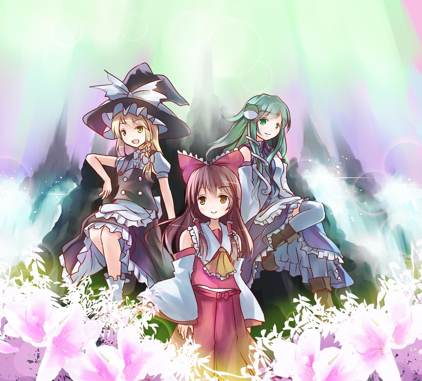 hakurei reimu, kirisame marisa, and kochiya sanae (touhou) drawn by risutaru