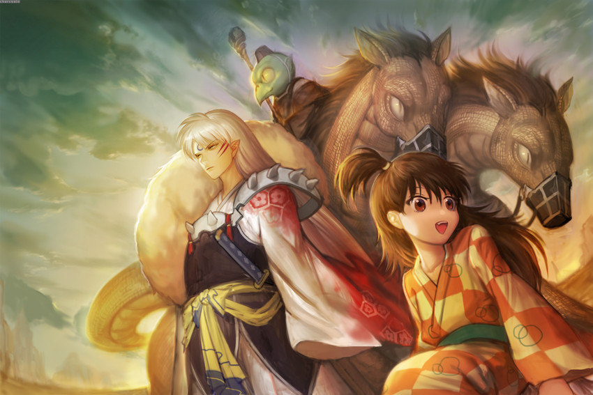 sesshoumaru, rin, jaken, and a-un (inuyasha) drawn by charcoalo