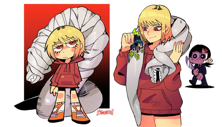 higashiyama kobeni, himeno, sawatari akane, and snake devil (chainsaw man) drawn by jiansketch
