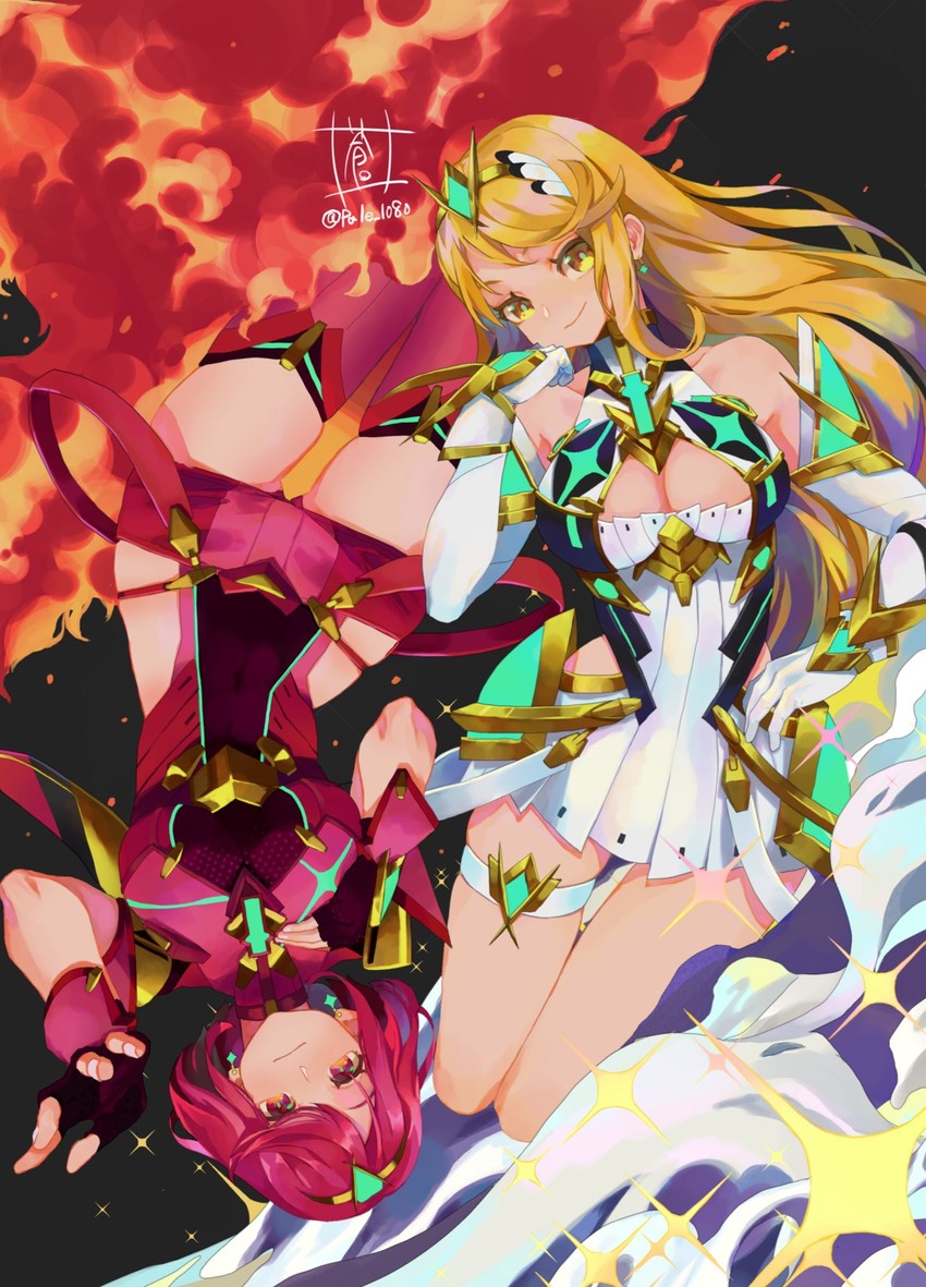 pyra and mythra (xenoblade chronicles and 1 more) drawn by sou_(pale_1080)