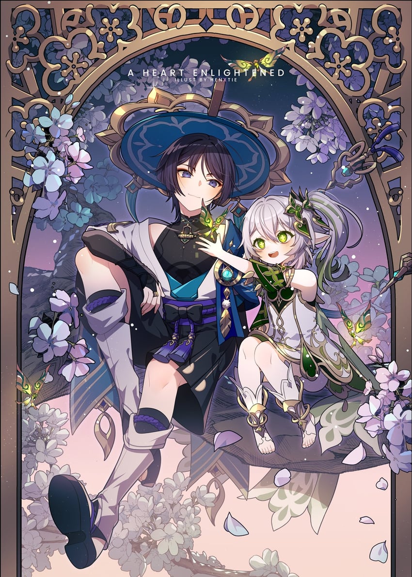 scaramouche, nahida, and wanderer (genshin impact) drawn by hen-tie