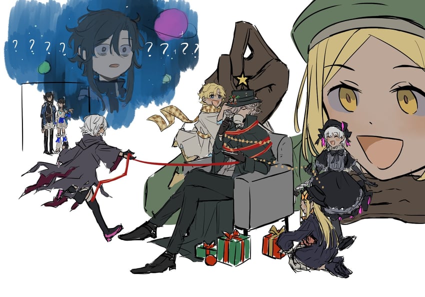 fujimaru ritsuka, abigail williams, jack the ripper, nursery rhyme, edmond dantes, and 3 more (fate and 4 more) drawn by pan_(idontlikebreadd)