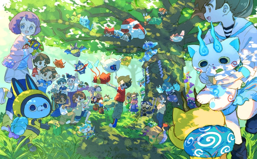jibanyan, komasan, whisper, amano keita, kodama fumika, and 16 more (youkai watch) drawn by egdk7454