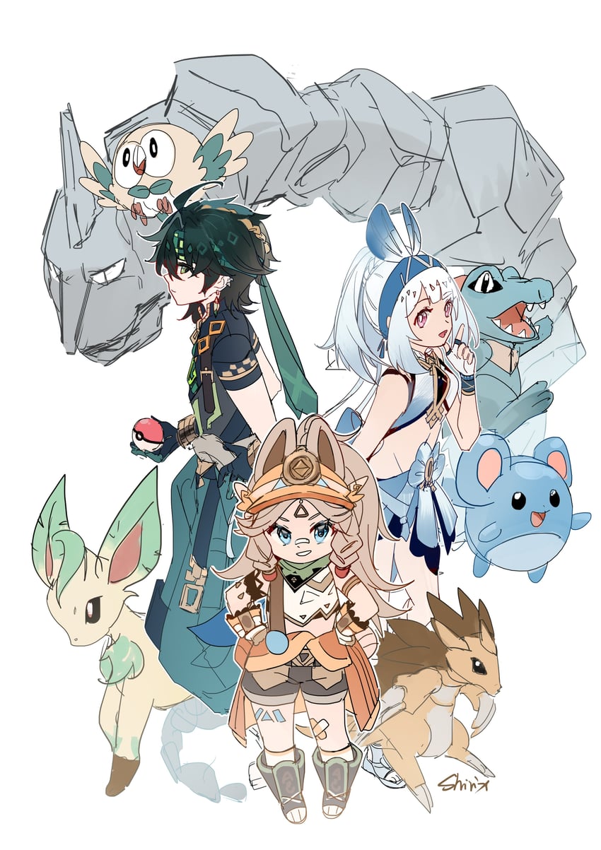 rowlet, leafeon, mualani, kinich, totodile, and 4 more (pokemon and 1 more) drawn by shirix