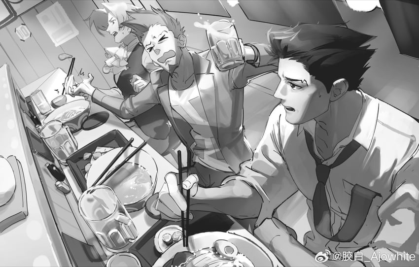 phoenix wright, miles edgeworth, and larry butz (ace attorney) drawn by ajowhite