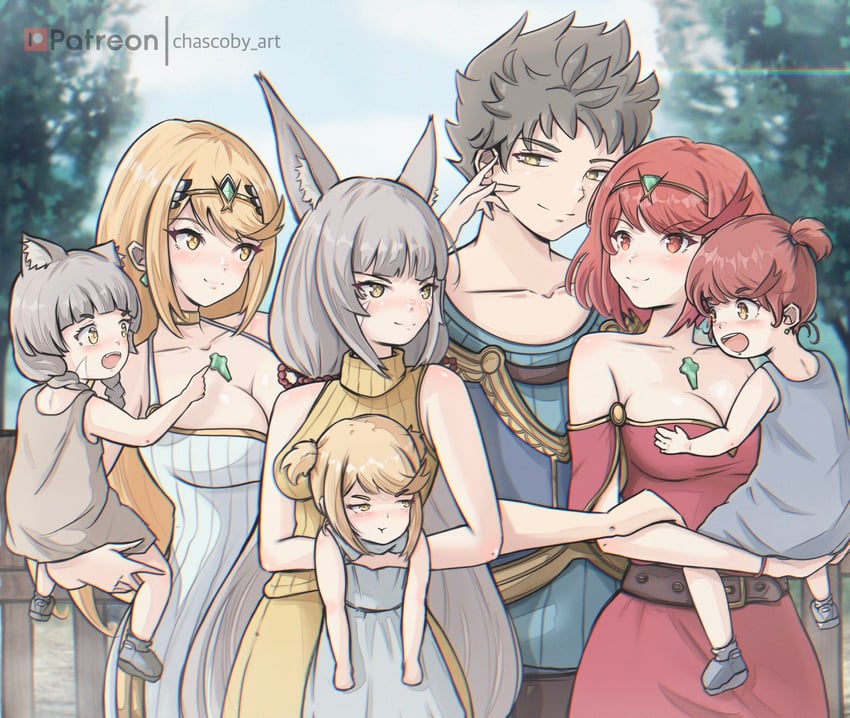 pyra, mythra, nia, rex, and glimmer (xenoblade chronicles and 2 more) drawn by chascoby