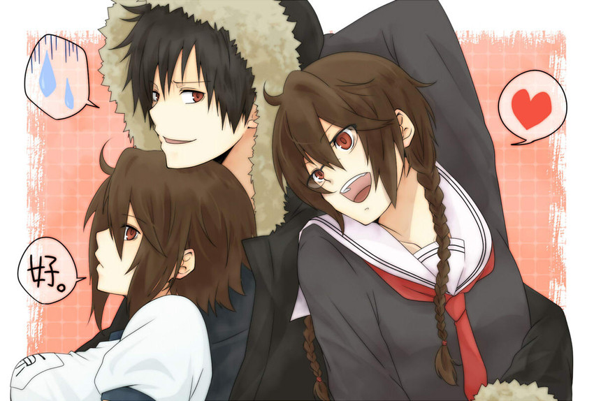orihara izaya, orihara mairu, and orihara kururi (durarara!!) drawn by sorane