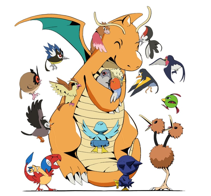 dragonite, pidgey, natu, murkrow, starly, and 12 more (pokemon) drawn by psaber97