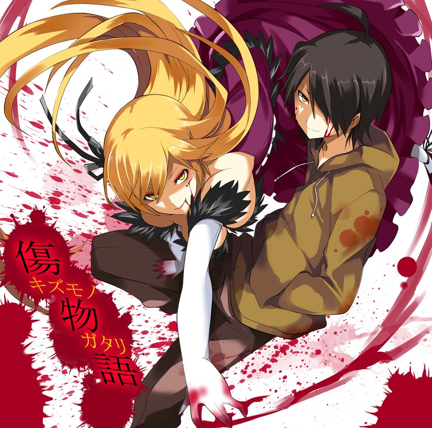 oshino shinobu, araragi koyomi, and kiss-shot acerola-orion heart-under-blade (monogatari and 1 more) drawn by gintarou_(kurousagi108)