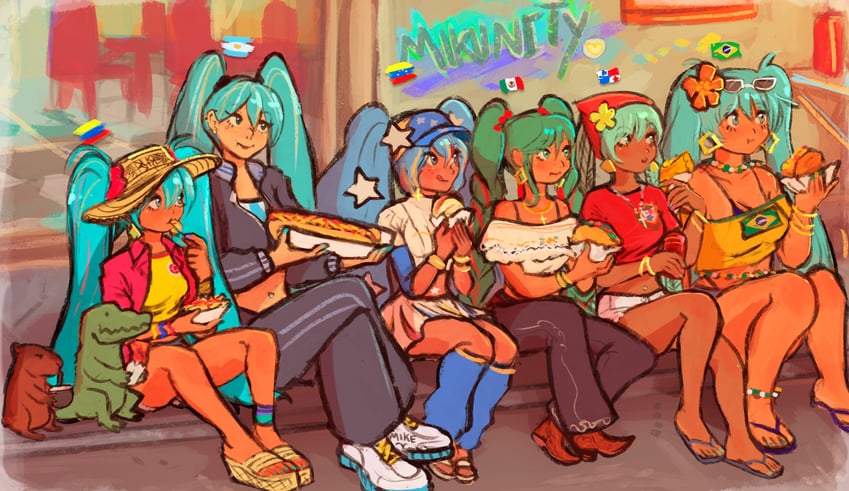 hatsune miku, brazilian miku, argentinian miku, venezuelan miku, colombian miku, and 2 more (vocaloid) drawn by yokusehikari