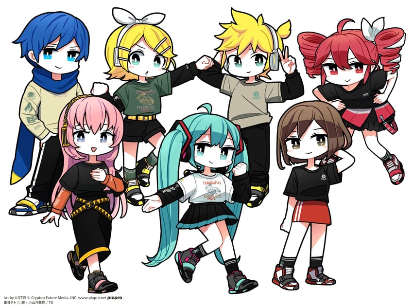 hatsune miku, kagamine rin, kagamine len, megurine luka, kasane teto, and 2 more (vocaloid and 3 more) drawn by yuui_thiigo