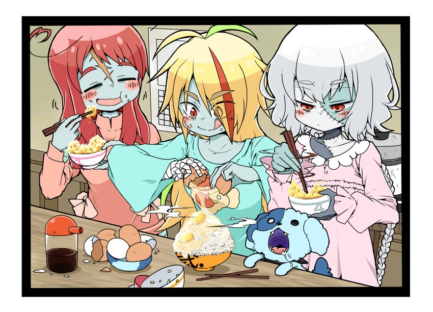 konno junko, minamoto sakura, nikaidou saki, and romero (zombie land saga) drawn by hachiman_(douno)