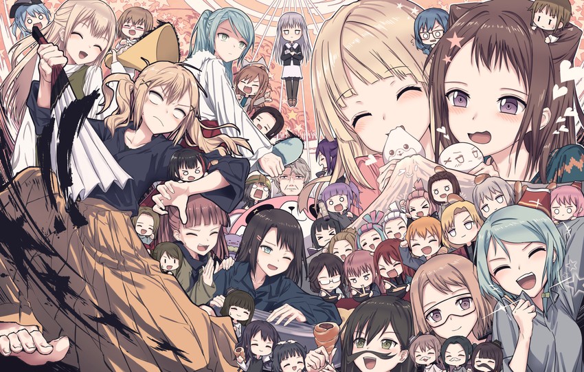 hikawa sayo, hikawa hina, mitake ran, tsurumaki kokoro, aoba moca, and 39 more (bang dream!) drawn by bullfalk