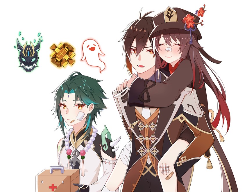 hu tao, zhongli, xiao, and boo tao (genshin impact) drawn by onigiri_yumi09