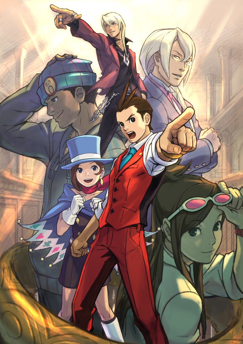 phoenix wright, apollo justice, trucy wright, klavier gavin, ema skye, and 1 more (ace attorney and 1 more) drawn by nuri_kazuya