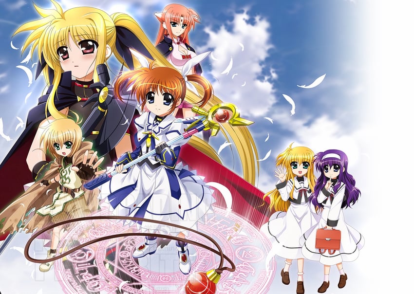 fate testarossa, takamachi nanoha, raising heart, yuuno scrya, arisa bunnings, and 3 more (lyrical nanoha and 2 more) drawn by higa_yukari