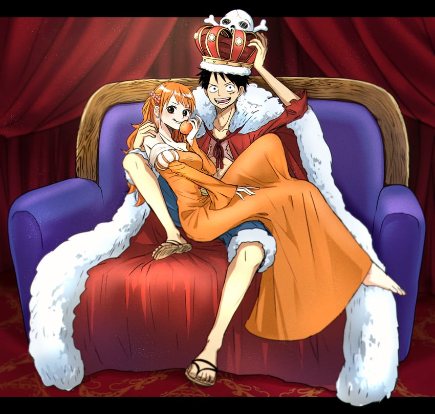 nami and monkey d. luffy (one piece) drawn by oshicpume