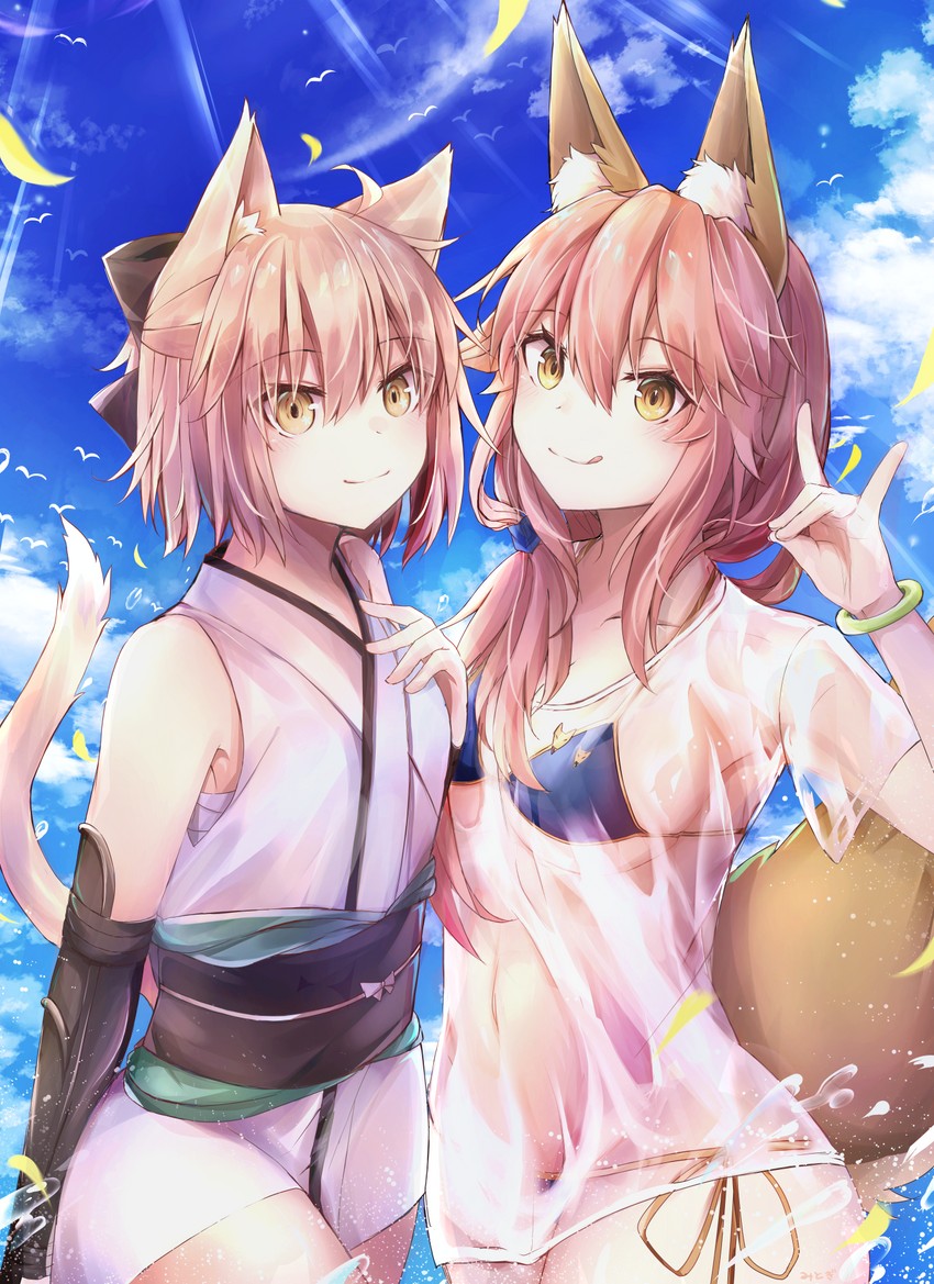 tamamo, okita souji, and tamamo no mae (fate and 2 more) drawn by watanai72