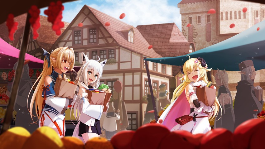shirakami fubuki, shiranui flare, and tsunomaki watame (hololive) drawn by hopper
