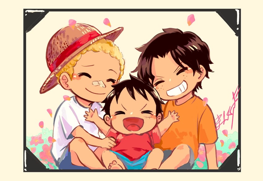 monkey d. luffy, portgas d. ace, and sabo (one piece) drawn by magu_pink