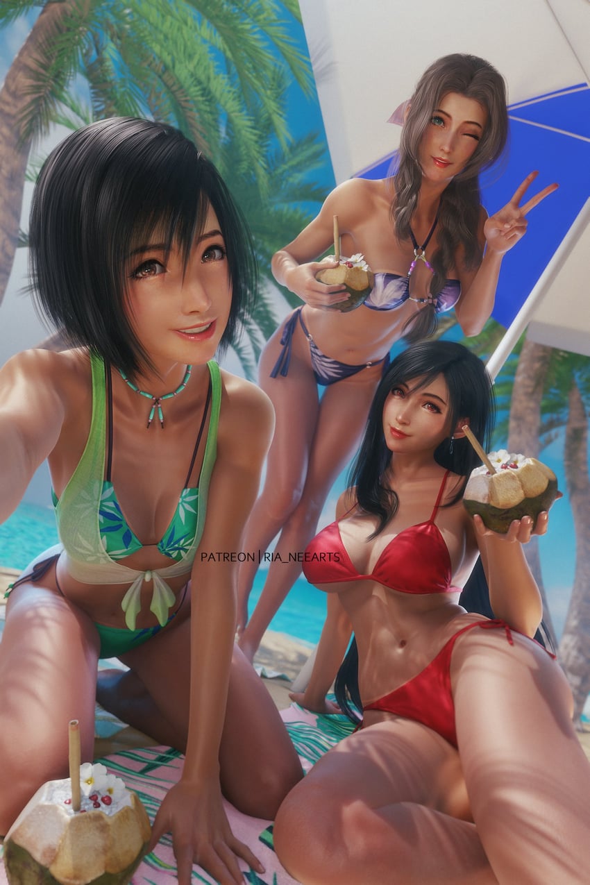 tifa lockhart, aerith gainsborough, and yuffie kisaragi (final fantasy and 3 more) drawn by ria_(baka-neearts)