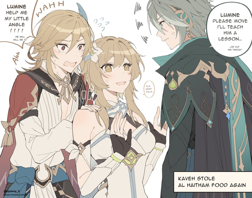 lumine, alhaitham, and kaveh (genshin impact) drawn by quinny_il