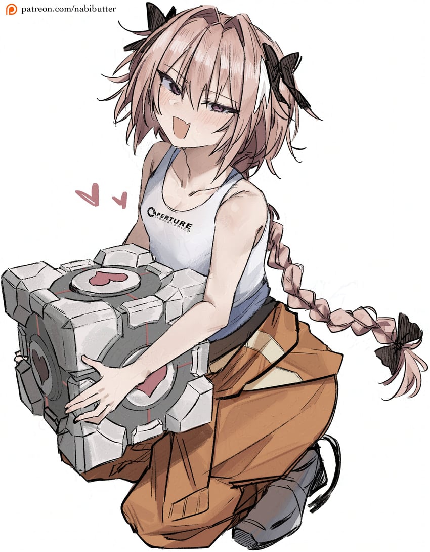astolfo, chell, and aperture science weighted companion cube (fate and 3 more) drawn by xcider