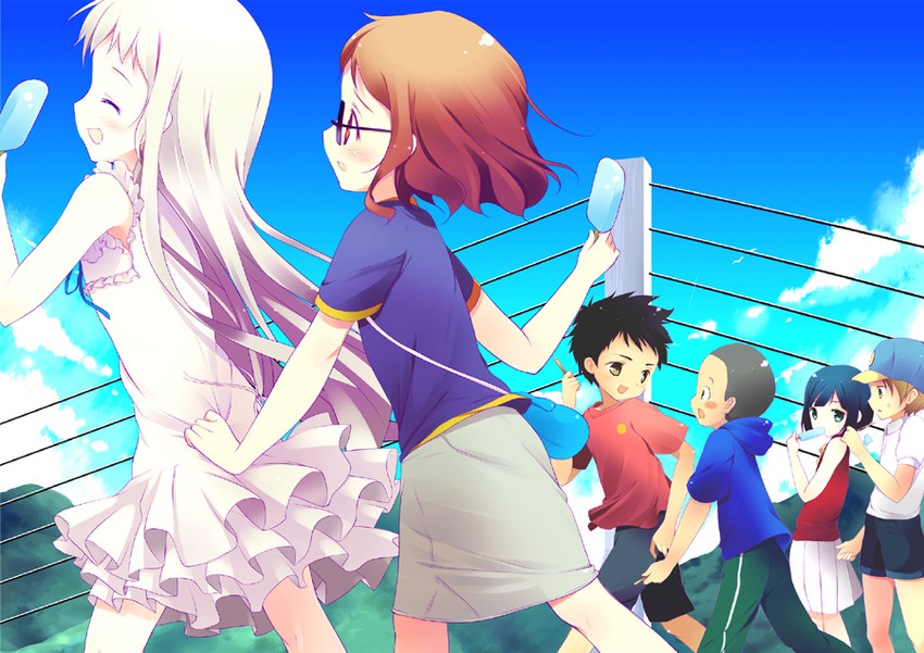 honma meiko, anjou naruko, tsurumi chiriko, yadomi jinta, matsuyuki atsumu, and 1 more (ano hi mita hana no namae wo bokutachi wa mada shiranai.) drawn by shiratama_(shiratamaco)