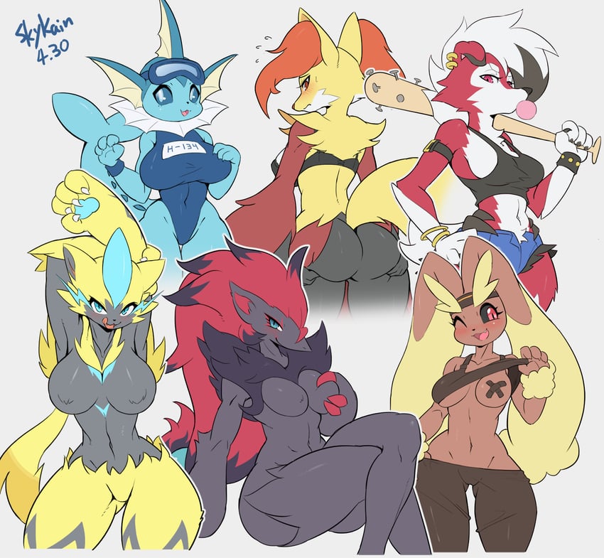 vaporeon, lopunny, lycanroc, zoroark, delphox, and 1 more (pokemon) drawn by skykain