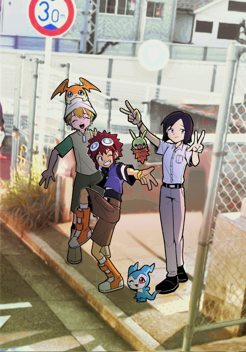 takaishi takeru, patamon, motomiya daisuke, ichijouji ken, chibimon, and 1 more (digimon and 1 more) drawn by oh_sorry_01