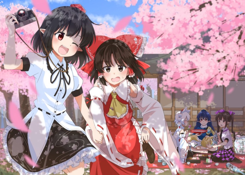 hakurei reimu, shameimaru aya, inubashiri momiji, himekaidou hatate, kudamaki tsukasa, and 1 more (touhou) drawn by yakousei_no_kame