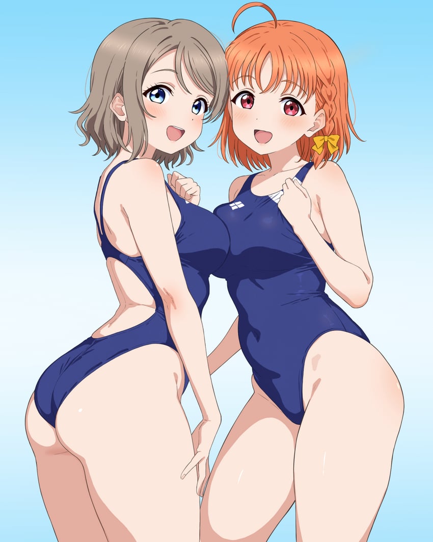 watanabe you and takami chika (love live! and 1 more) drawn by to_bari