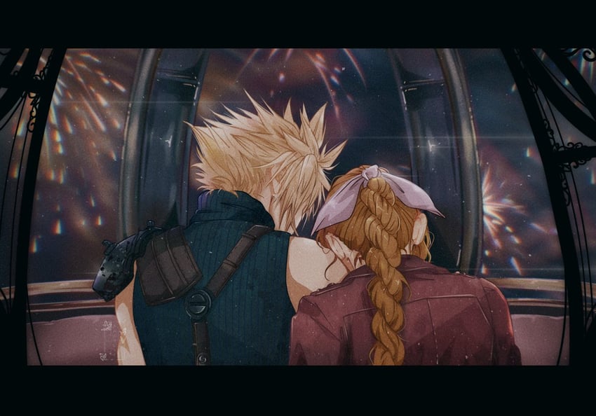 cloud strife and aerith gainsborough (final fantasy and 3 more) drawn by shanlieart