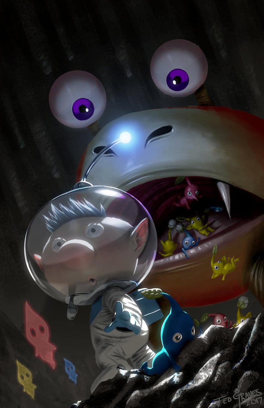 red pikmin, yellow pikmin, blue pikmin, alph, and bulborb (pikmin) drawn by ted_graves