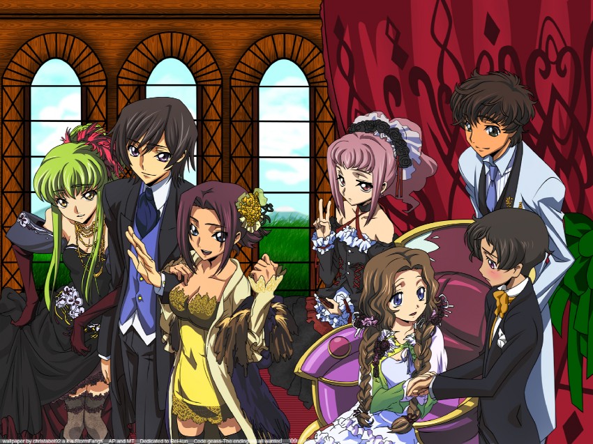 c.c., lelouch vi britannia, kouzuki kallen, kururugi suzaku, nunnally vi britannia, and 2 more (code geass)