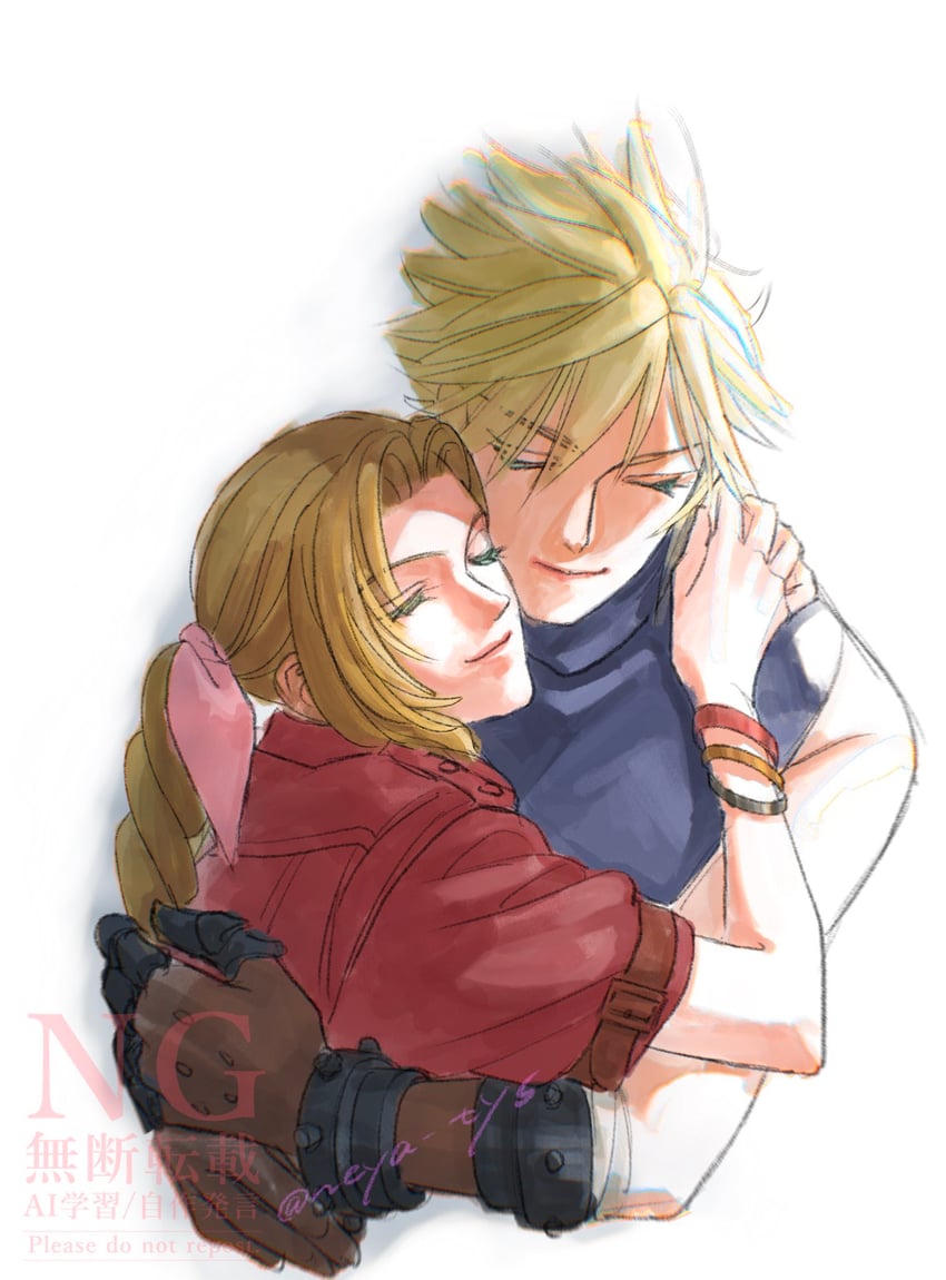 cloud strife and aerith gainsborough (final fantasy and 2 more) drawn by neya