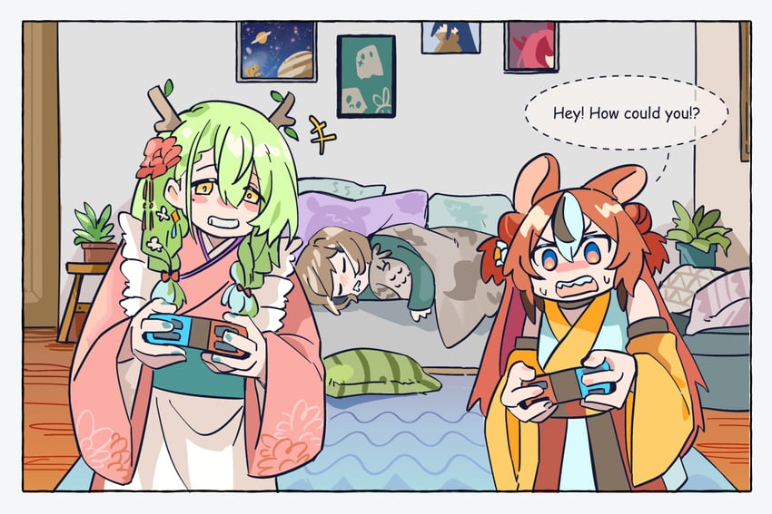 nanashi mumei, hakos baelz, and ceres fauna (hololive and 1 more) drawn by fongban_illust