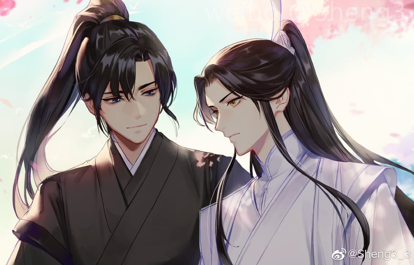 chu wanning and mo ran (erha he ta de bai mao shizun) drawn by 0jae