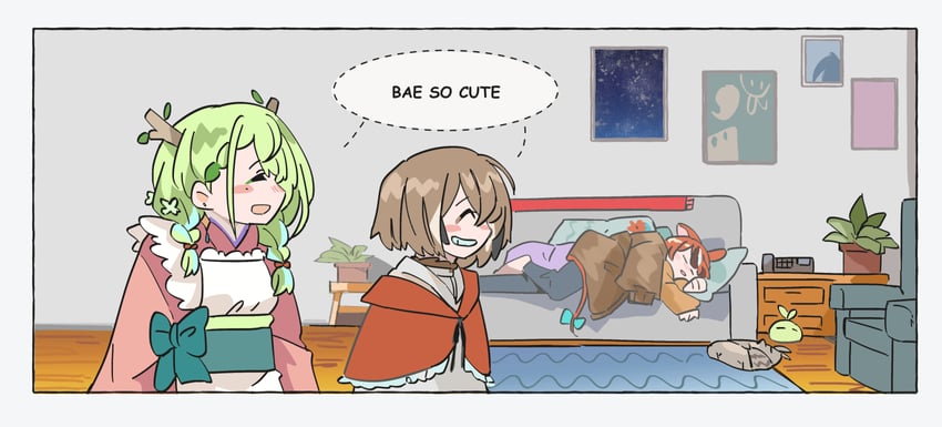 nanashi mumei, hakos baelz, and ceres fauna (hololive and 1 more) drawn by fongban_illust