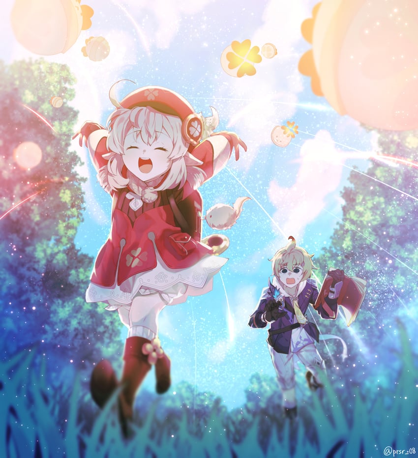 klee, dodoco, jumpy dumpty, and mika (genshin impact) drawn by pourcel