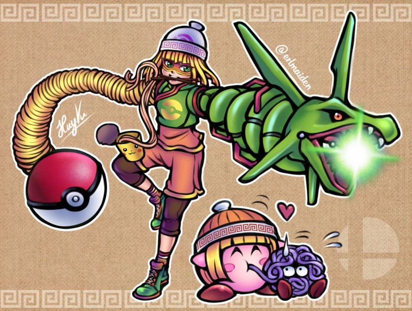 pikachu, kirby, rayquaza, min min, and tangela (pokemon and 3 more) drawn by thaumana