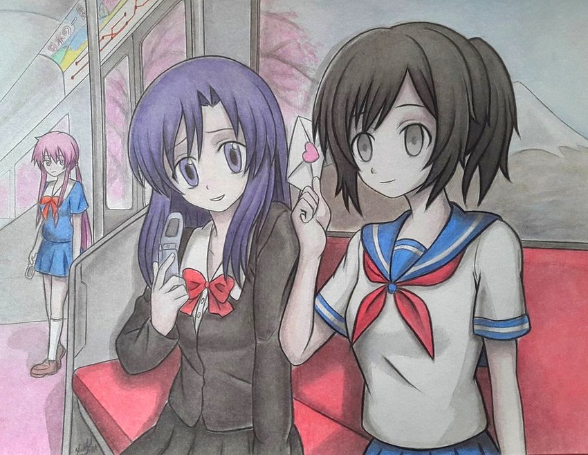 gasai yuno, katsura kotonoha, and ayano aishi (mirai nikki and 2 more) drawn by shuffledyandere