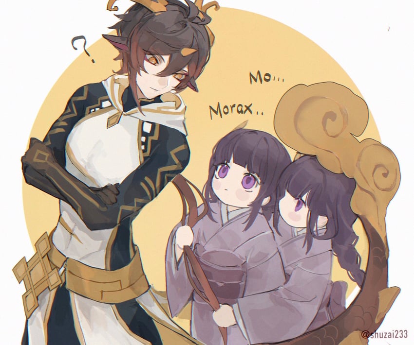 raiden shogun, zhongli, and makoto (genshin impact) drawn by shuzai233