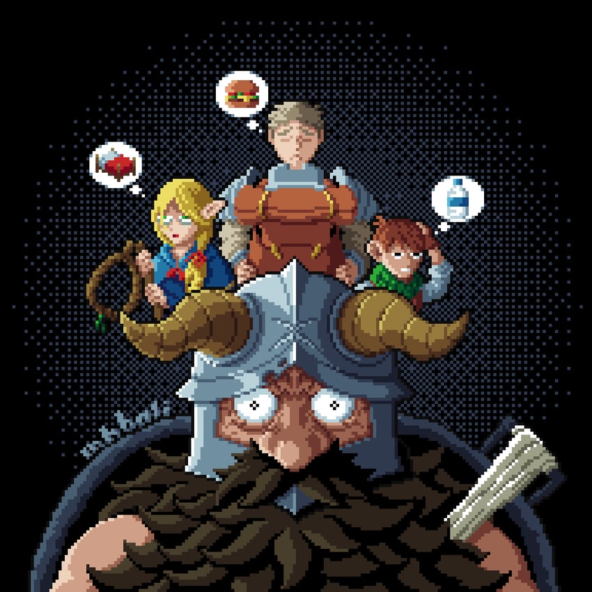 marcille donato, laios touden, senshi, and chilchuck tims (dungeon meshi) drawn by mohammed_bali