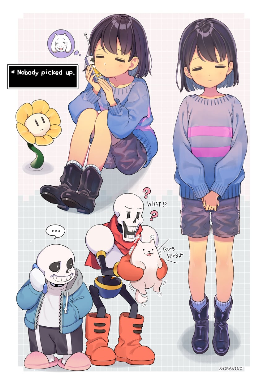 frisk, sans, papyrus, toriel, flowey, and 1 more (undertale) drawn by shirakino