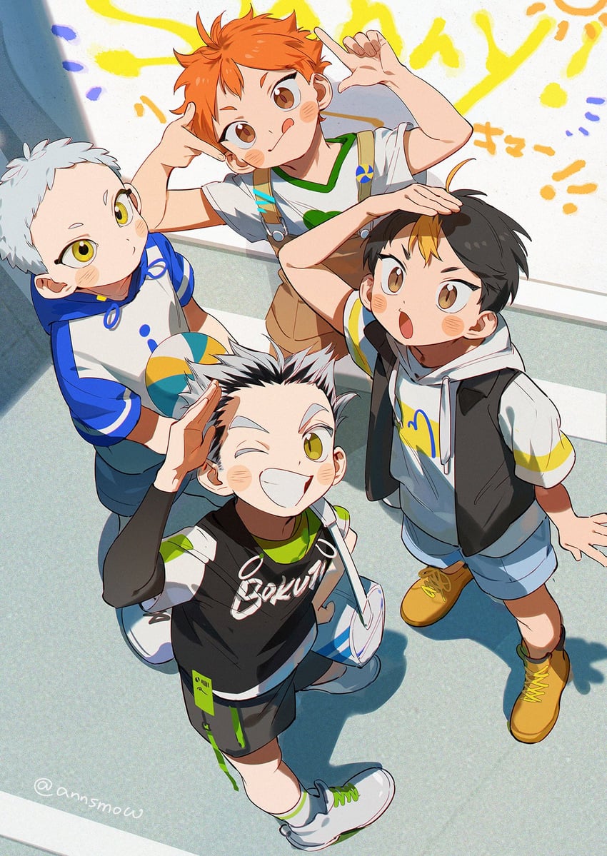 hinata shouyou, bokuto koutarou, nishinoya yuu, and hoshiumi kourai (haikyuu!!) drawn by annsmow