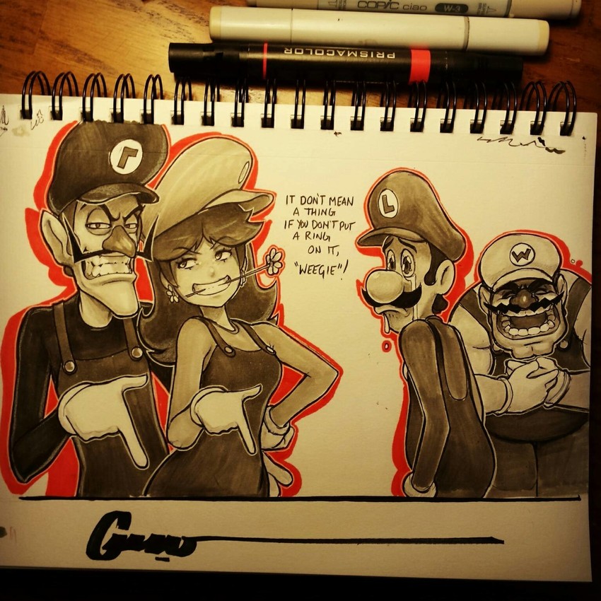 luigi, princess daisy, wario, and waluigi (mario) drawn by omar_dogan