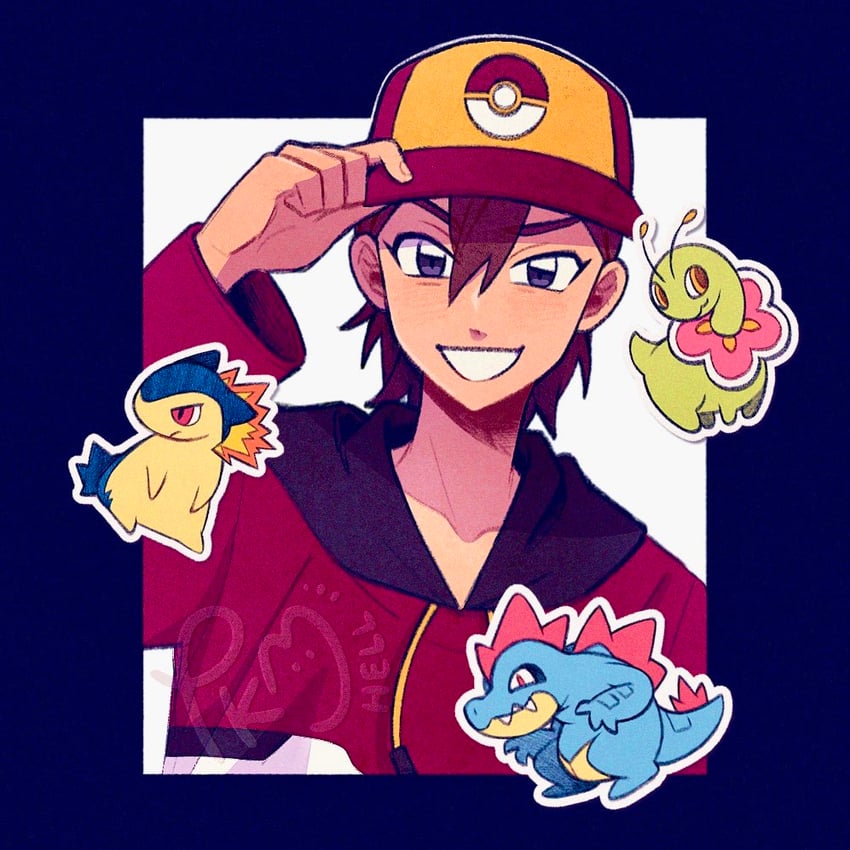 typhlosion, feraligatr, meganium, and cal (pokemon and 1 more) drawn by submashell