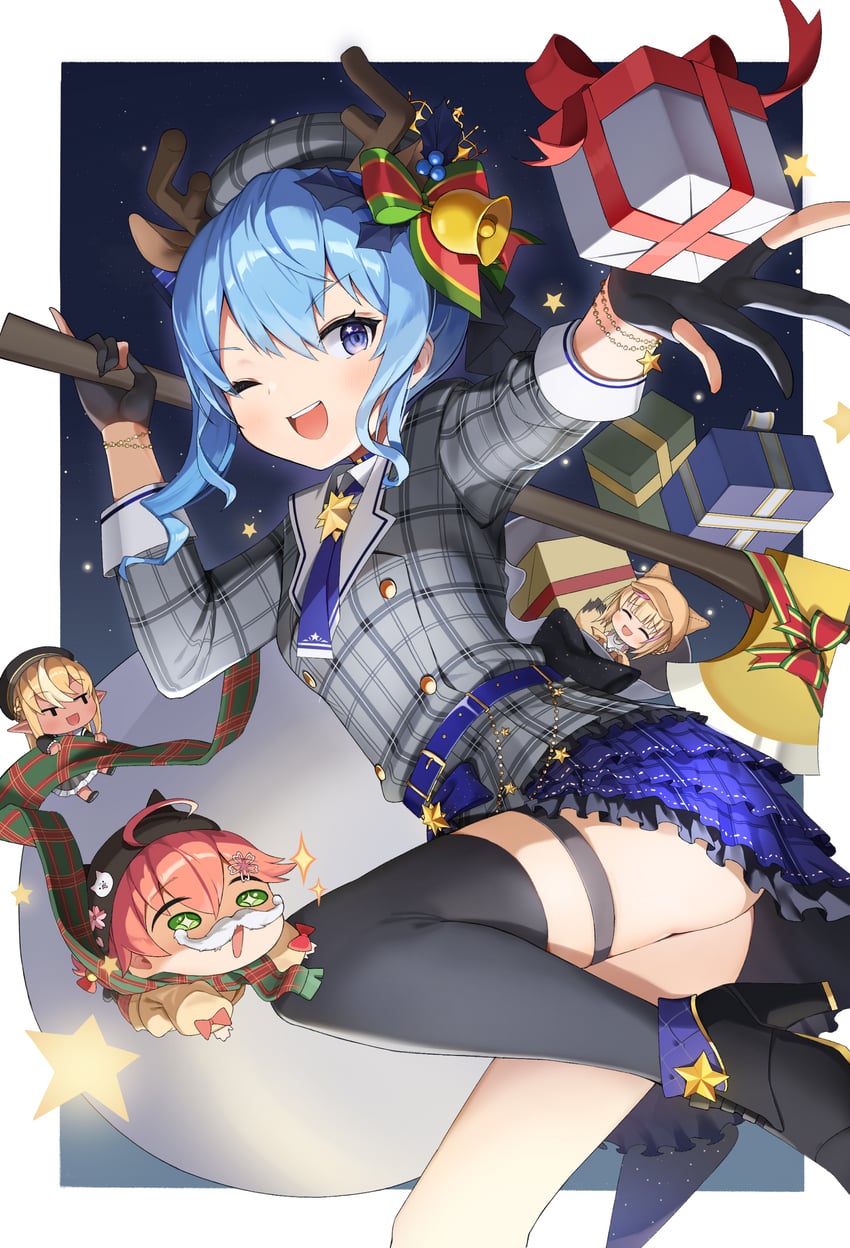 hoshimachi suisei, sakura miko, shiranui flare, and omaru polka (hololive) drawn by mearyo